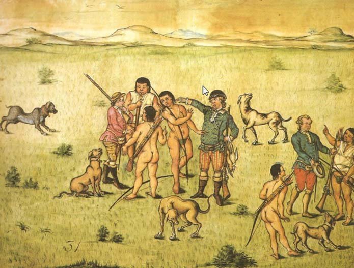 Colonial-era Brazilian illustration showing people and dogs