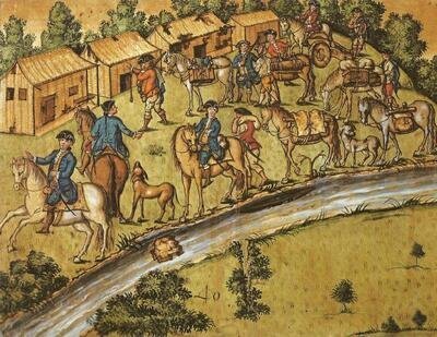 Historical Brazilian scene with people, livestock and dogs travelling along a road